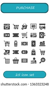 purchase icon set. 25 filled purchase icons.  Collection Of - Online shop, Shopping cart, Basket, Online store, Cart, Ticket, Coupon, Tickets, Cards, Payment terminal, Card, Cashier