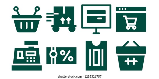  purchase icon set. 8 filled purchase icons. Simple modern icons about  - Cashier, Basket, Gift voucher, Trolley, Ticket, Online store, Online shop