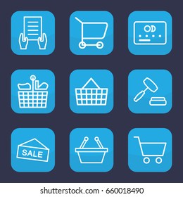 Purchase icon. set of 9 outline purchase icons such as credit card, holding document, auction, shopping cart, shopping basket, sale