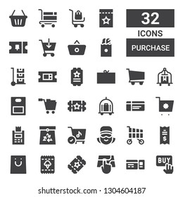 purchase icon set. Collection of 32 filled purchase icons included Buy, Ticket, Point, Shopping, Shopping cart, Cashier, Paper bag, Trolley, Cart, Coupon, Shopping basket, Delivery cart