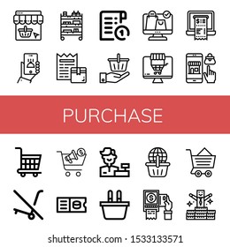 purchase icon set. Collection of Online shopping, Online order, Cart, Receipt, Shopping basket, Shopping cart, No trolley, Buying, Ticket, Cashier, Payment terminal, Ecommerce icons