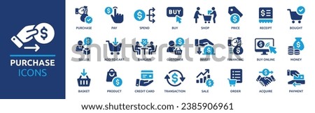 Purchase icon set. Containing buy, pay, order, shop, price, payment, product, spend, receipt and more. Solid vector icons collection. Stock foto © 