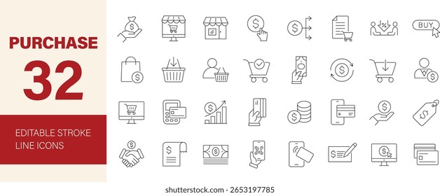 Conjunto de iconos de compra. Conteniendo pago, compra, pago, orden, tienda, Precio, gastar, Comprobante, producto, dinero, tarjeta de crédito, código QR, compras y más. Iconos de línea editables. Ilustración vectorial.