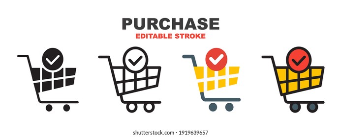 Purchase icon set with different styles. Colored vector icons designed in filled, outline, flat, glyph and line colored. Editable stroke style can be used for web, mobile, ui and more.