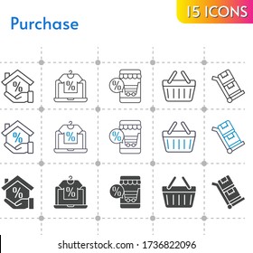purchase icon set. included online shop, mortgage, shopping-basket, shopping basket, trolley icons on white background. linear, bicolor, filled styles.