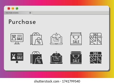 purchase icon set. included online shop, shopping bag, shop icons on white background. linear, filled styles.
