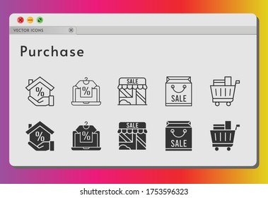 purchase icon set. included online shop, shopping bag, mortgage, shop, shopping cart icons on white background. linear, filled styles.
