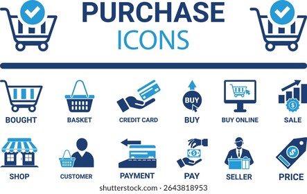 purchase icon set. Line art icons set, purchase icons. Included Basket, Shopping list, Shopping cart, Ticket, Gift voucher, Shopping basket, Coupon, Cards, Online shop, Card icons