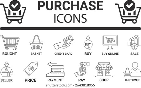 purchase icon set. Line art icons set, purchase icons. Included Basket, Shopping list, Shopping cart, Ticket, Gift voucher, Shopping basket, Coupon, Cards, Online shop, Card icons