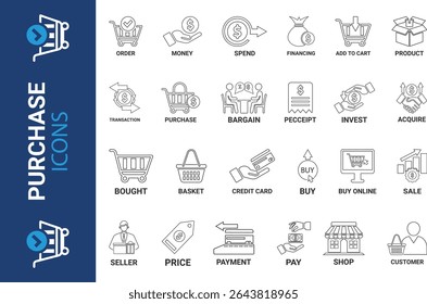 purchase icon set. Line art icons set, purchase icons. Included Basket, Shopping list, Shopping cart, Ticket, Gift voucher, Shopping basket, Coupon, Cards, Online shop, Card icons