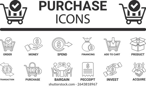 purchase icon set. Line art icons set, purchase icons. Included Basket, Shopping list, Shopping cart, Ticket, Gift voucher, Shopping basket, Coupon, Cards, Online shop, Card icons