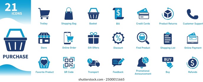 Purchase icon. Set of shopping icons, shopping cart, checkout, promotion, store, product search, cashback. Solid vector symbol collection.