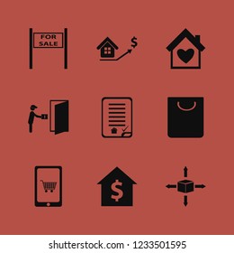 purchase icon. purchase vector icons set house buying contract, house heart, parcel four directions and courier gives parcel