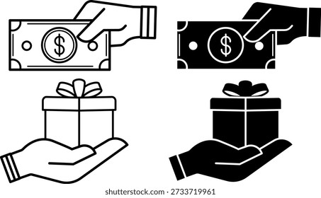 Comprar iconos. Glifo y Ilustraciones vectoriales de línea. Una Persona Que Compra Un Producto con Dinero. Mano humana, billete de dólar, caja de regalo. Concepto de pago