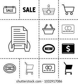 Purchase icons. set of 13 editable filled and outline purchase icons such as new, credit card, shopping basket, sale tag, shopping cart, holding document, dollar card