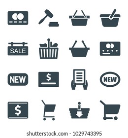 Purchase icons. set of 16 editable filled purchase icons such as credit card, holding document, shopping basket, new, dollar card, shopping cart, shopping bag, sale tag