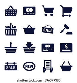 purchase icons set. Set of 16 purchase filled icons such as credit card, holding document, sale tag, auction, shopping cart, sale, shopping bag, shopping basket, new