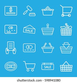 purchase icons set. Set of 16 purchase outline icons such as credit card, holding document, sale tag, auction, shopping cart, shopping basket, new, dollar card, sale