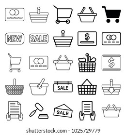 Purchase icons. set of 25 editable outline purchase icons such as shopping cart, credit card, holding document, shopping basket, dollar card, sale, shopping bag, sale tag