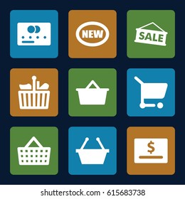 Purchase icons set. set of 9 purchase filled icons such as credit card, sale, shopping cart, shopping bag, shopping basket, new