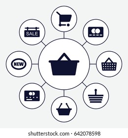 Purchase icons set. set of 9 purchase filled icons such as credit card, sale tag, shopping cart, shopping bag, shopping basket