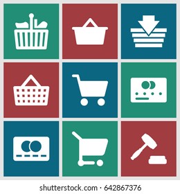 Purchase icons set. set of 9 purchase filled icons such as credit card, auction, shopping cart, shopping bag