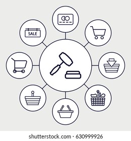 Purchase icons set. set of 9 purchase outline icons such as credit card, sale tag, auction, shopping cart, shopping basket