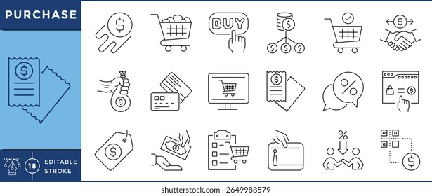 Purchase icons set. Coin, buy, online, shopping, cat, deal, QR payment, discount, bargain, and many more. Vector editable stroke.