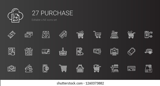 purchase icons set. Collection of purchase with dressing room, shopping cart, upermarket, carts, online payment, tickets, credit card, online shopping. Editable and scalable purchase icons.