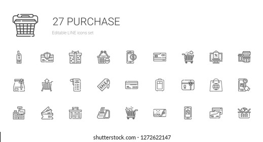 purchase icons set. Collection of purchase with mobile shopping, credit card, shopping cart, receipt, shopping basket, tickets, cashier. Editable and scalable purchase icons.