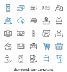 purchase icons set. Collection of purchase with shopping list, trolley, online shopping, ticket, supermarkets, shopping basket, carts, credit card. Editable and scalable purchase icons.