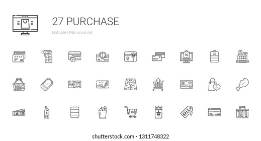 purchase icons set. Collection of purchase with supermarket, online shopping, trolley, paper bag, ticket, credit card, cart, shopping basket. Editable and scalable purchase icons.