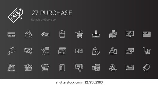 purchase icons set. Collection of purchase with tags, supermarkets, mobile shopping, trolley, basket, online shopping, cashier, receipt. Editable and scalable purchase icons.