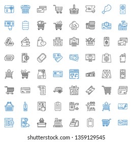 purchase icons set. Collection of purchase with ticket, trolley, receipt, cashier, supermarket, online shopping, online shop, credit card. Editable and scalable purchase icons.