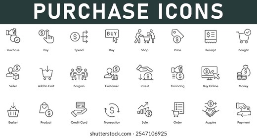 Purchase Icons vector illustration with thin line editable stroke contains pay spend buy shop price receipt bought seller add to cart bargain customer customer invest financing money