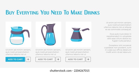 Purchase kitchenware needed to make drinks and beverages at home. Kitchen stuff, pots and pitchers for coffee and tea cooking. Website landing page, online site template. Vector in flat style