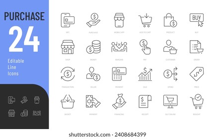 Purchase Line Editable Icons set. Vector illustration in modern thin line style of payment related icons: order, seller, buy online, price, and more. Isolated on white