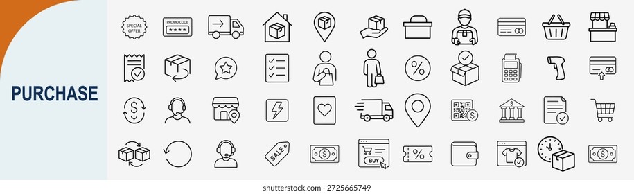 purchase line icon set for ecommerce shopping and retail business transaction vector