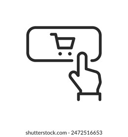 Purchase, linear style icon. Finger pressing button with shopping cart. Editable stroke width