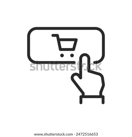 Purchase, linear style icon. Finger pressing button with shopping cart. Editable stroke width