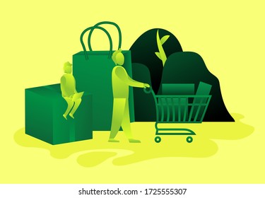Purchase man trolley shopping gradient vector, buy quarantine at home, brick background isolated leaf gradient illustration. cartoon supermarket store