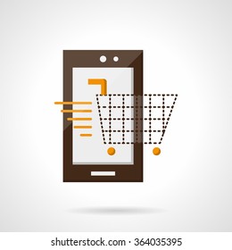 A purchase with a mobile device. Smartphone with shopping cart. Shopping online, mobile store, e-commerce. Flat color style vector icon. Element for web design, business, mobile app.