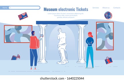 Purchase Museum Electronic Tickets, Landing Page. Man Examines Sculpture Woman in Museum and Photographs her. Woman Look at Pictures in Gallery. Information Application for Cultural Activities.