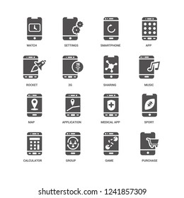 Purchase, Music, Sharing, Calculator, Sport, Watch, Rocket, Map, Game, Group, Smartphone icon 16 set EPS 10 vector format. Icons optimized for both large and small resolutions.