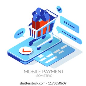 Purchase on the Internet. Payment by credit card online. A smartphone in the form of a terminal. Gift in the package. Isometric 3d