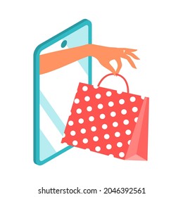 Purchase online by smartphone. A female hand from the screen of the device stretches out the goods in the bag. Vector isolated isometric illustration