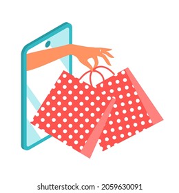 Purchase online by smartphone. A female hand from the screen of the device stretches out the goods in the packages. Vector isolated isometric illustration