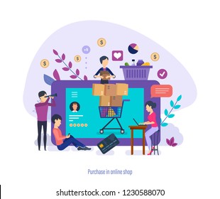 Purchase in online shop. Purchase of goods by people through phone and online application on computer, likes and feedback on products and store, buyers collect grocery basket. Vector illustration.