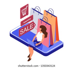 Purchase in an online store,  isometric 3d flat illustration on a white background. Online shopping