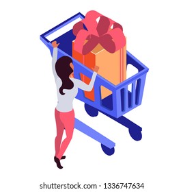 purchase in an online store, A shopping cart with a gift.  isometric 3d flat illustration on a white background. Girl'a shopping